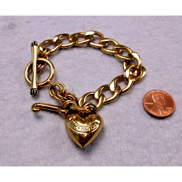 Juicy Couture Jewelry - Vtg Juicy Couture Gold Tone Puffy Heart & J Charm Starter Toggle Bracelet Y2K